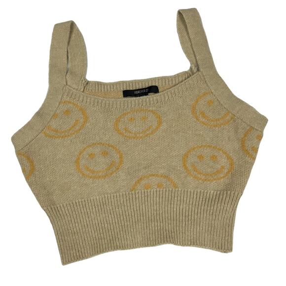 Forever 21 Crop Top Sweater Vest‎ Smiley Prints Knit Pullover Tan Women's Small - Picture 1 of 6